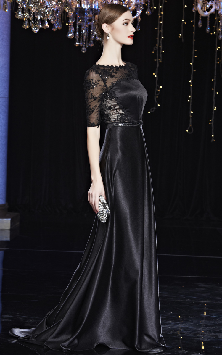 2014新款黑色镂空性感中袖长款礼服走秀晚装主持演出年会礼服